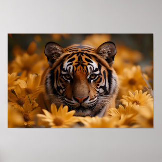 Majestic Tiger Amid Golden Blooms AI generiert Poster