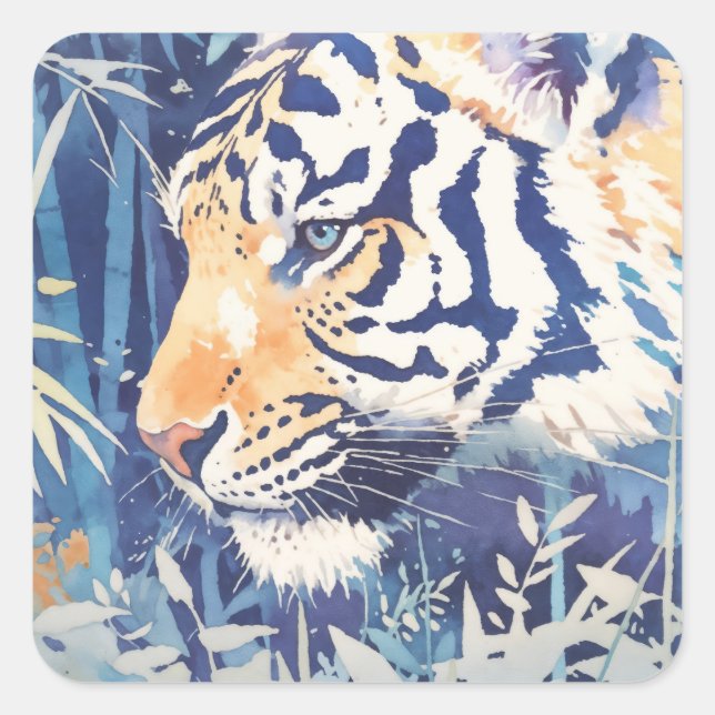 Majestic Tiger in Blue Bamboo Botanical Nature Quadratischer Aufkleber (Vorderseite)