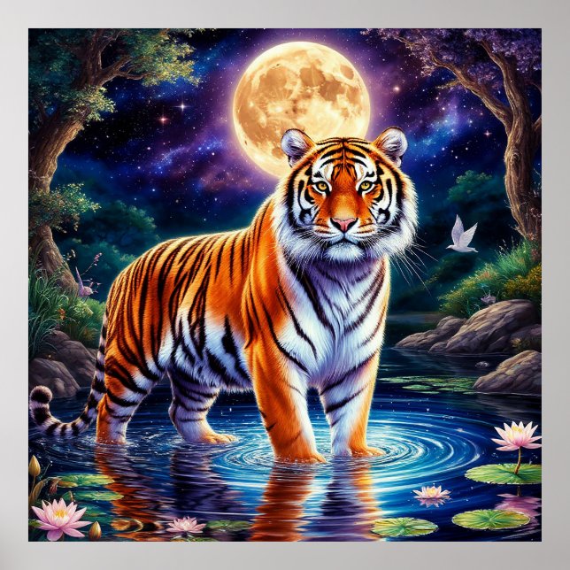 Majestic Tiger in einer Moonlit Fantasy Landschaft Poster (Vorne)