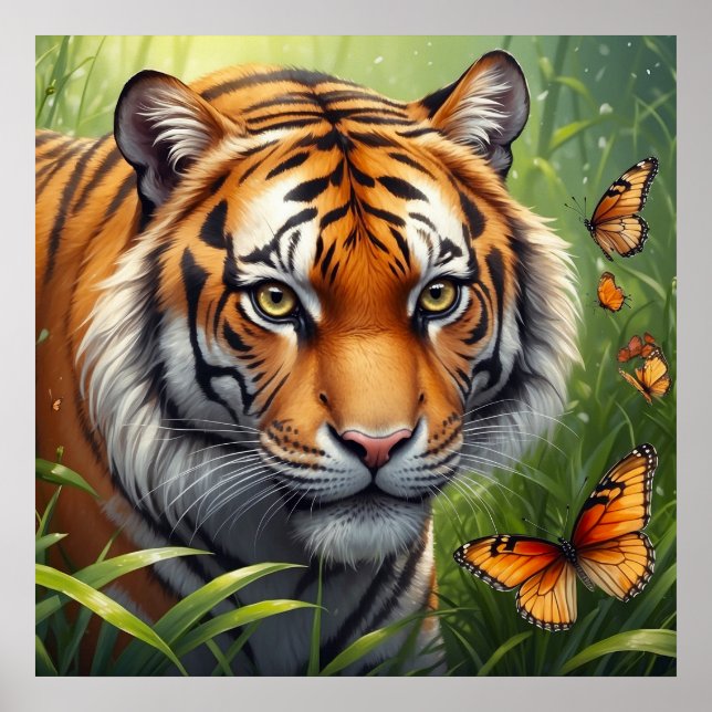 Majestic Tiger mit Schmetterlingen im Dschungel Poster (Vorne)