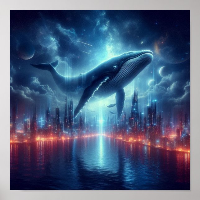 Majestic Whale Above Starlit City Skyline Poster (Vorne)