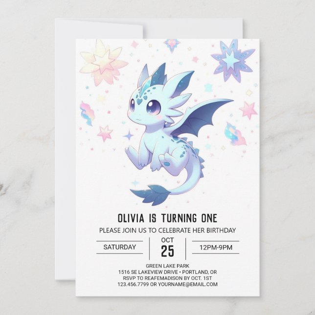 Majestic Whimsical Dragon 1. Geburtstag Einladung (Vorderseite)