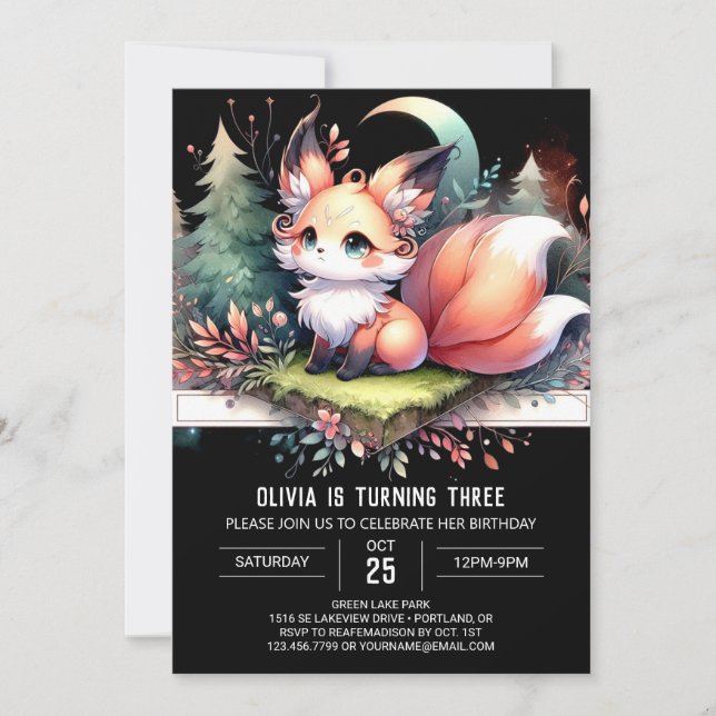 Majestic Whimsy Fox Geburtstag digital Einladung (Vorderseite)