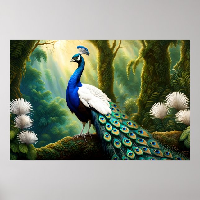 Majestic White and Blue Peacock in Forest Poster (Vorne)