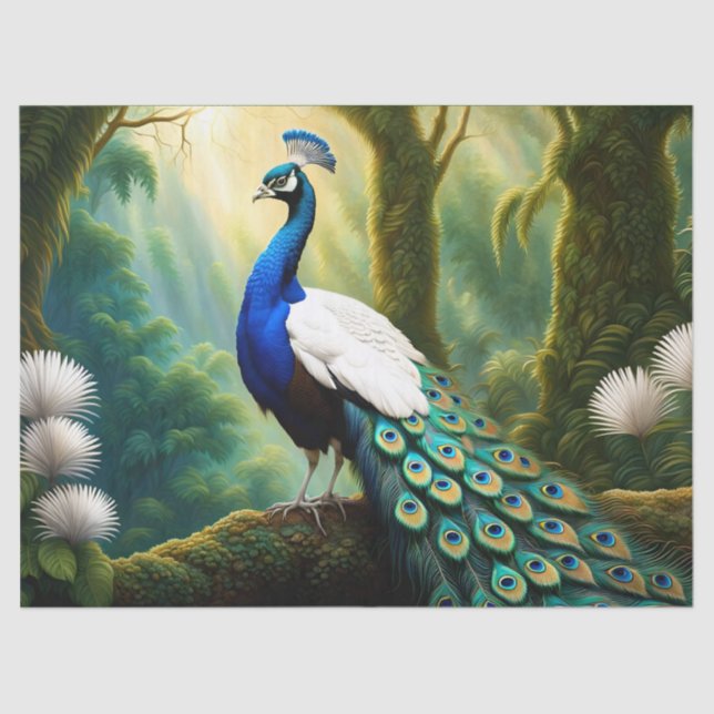 Majestic White and Blue Peacock in Forest Seidenpapier (Vorderseite)