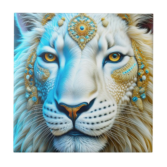 Majestic White and Gold Lion Fliese (Vorderseite)