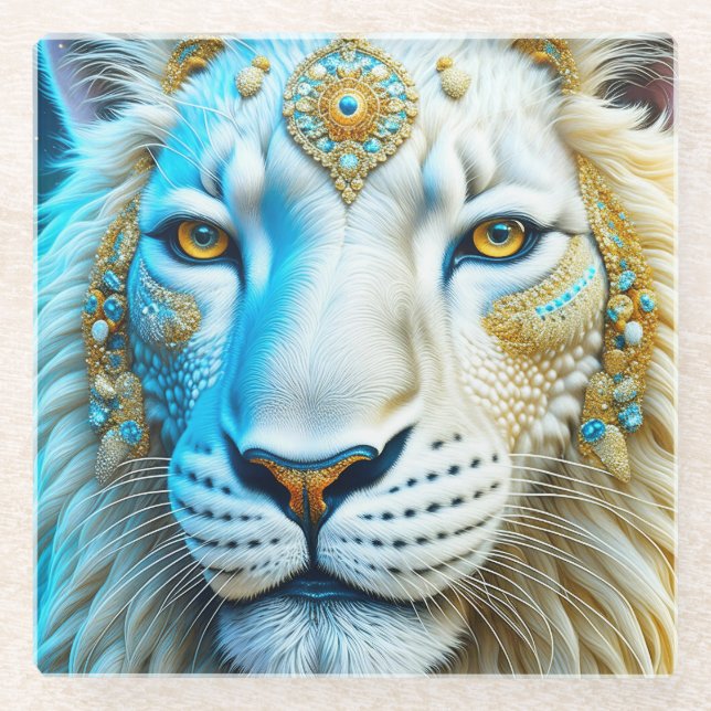 Majestic White and Gold Lion Glasuntersetzer (Vorderseite)