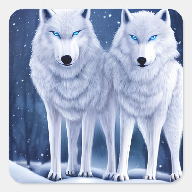 Majestic White Arctic Wolves Art Quadratischer Aufkleber (Vorderseite)