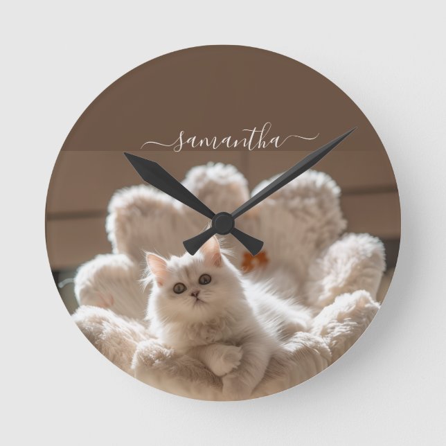 Majestic white cat lover runde wanduhr (Vorderseite)