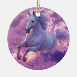 Majestic White Einicorn Galloping through Lavender Keramik Ornament