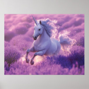 Majestic White Einicorn Galloping through Lavender Poster