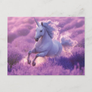 Majestic White Einicorn Galloping through Lavender Postkarte
