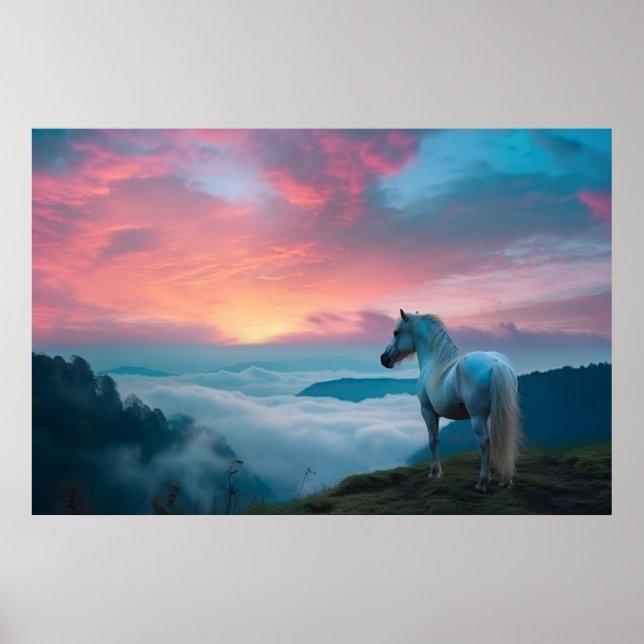Majestic White Horse im Berg bei Sonnenaufgang Poster (Vorne)