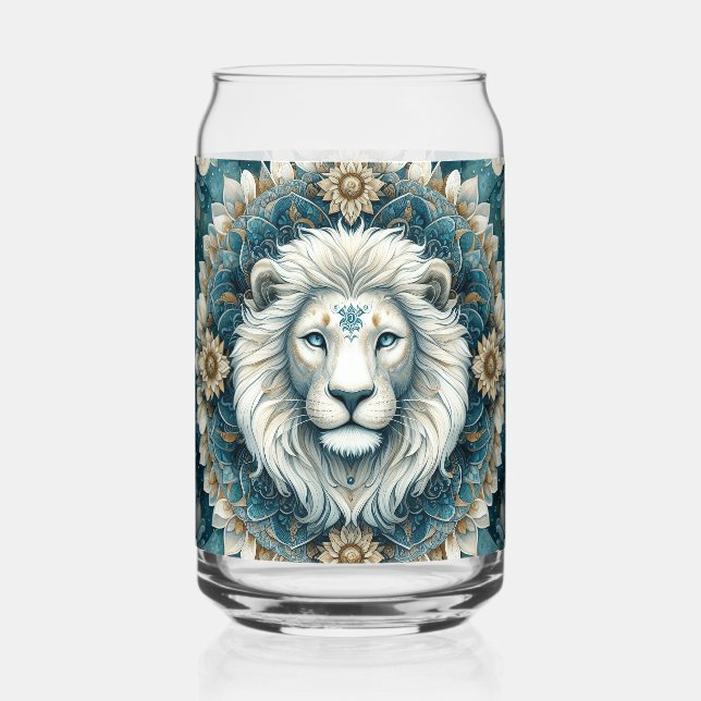 Majestic White Lion Aquamarin Blue Floral Mandala Dosenglas (Vorderseite)