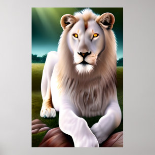 Majestic White Lion Golden Eyes Ethereal Art Poster