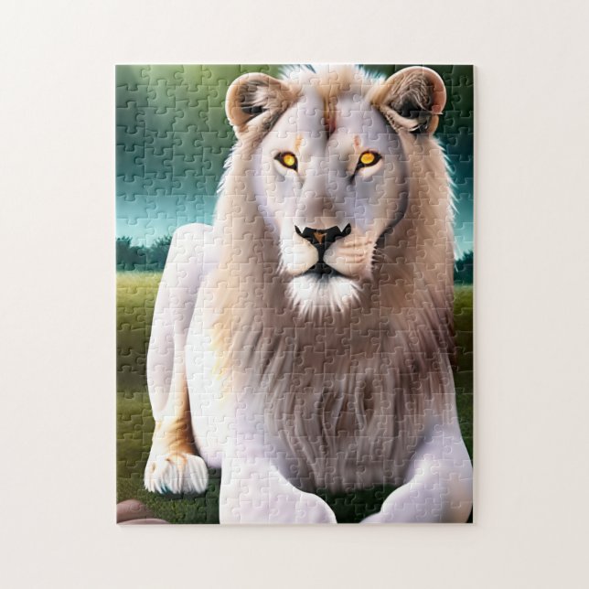 Majestic White Lion Golden Eyes Ethereal Art Puzzle (Vertikal)