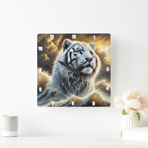 Majestic White Tiger Stormy Ocean Background Quadratische Wanduhr