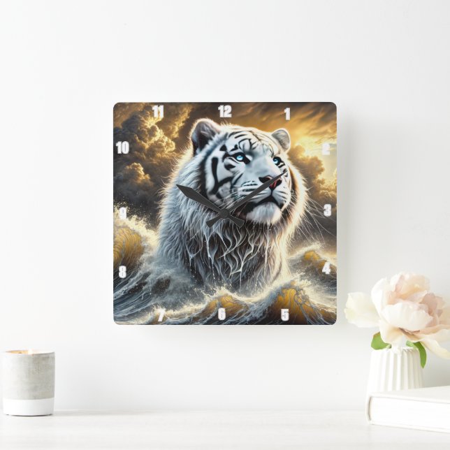 Majestic White Tiger Stormy Ocean Background Quadratische Wanduhr (Zuhause)