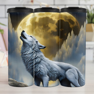 Majestic White Wolf Howls unter Vollmond Thermosbecher
