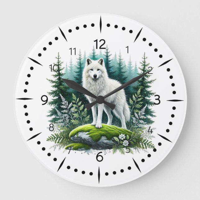 Majestic White Wolf im Wald Große Wanduhr (Vorderseite)