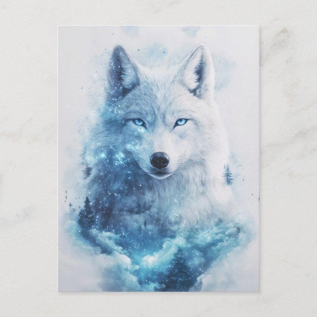 Majestic White Wolf in Icy Blue Nebula Postkarte (Vorderseite)