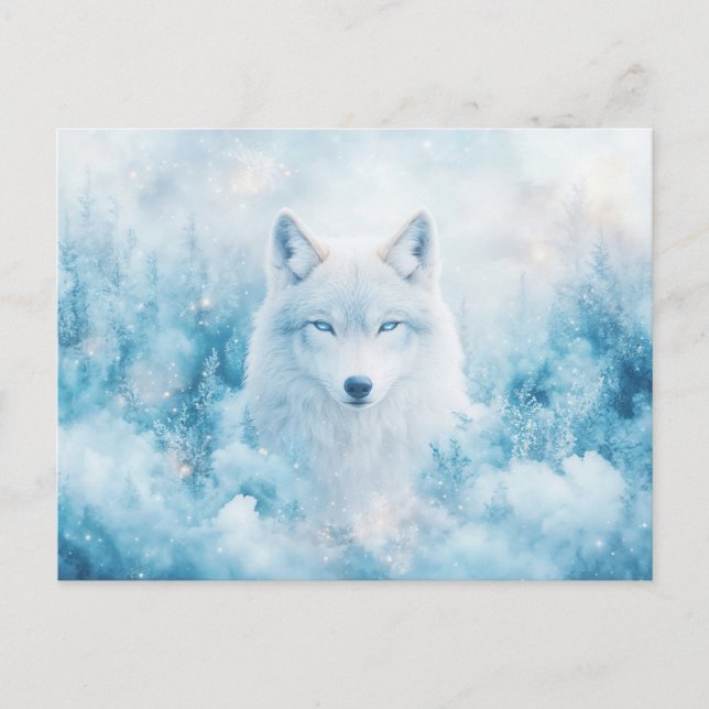 Majestic White Wolf in Icy Winter Forest Postkarte (Vorderseite)