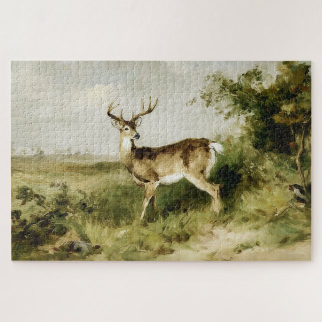 Majestic Whitetail Deer Oil Painting Landscape Puzzle (Horizontal)