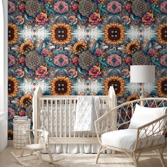 Majestic Wolf & Boho Sonnenblumen Tapete (Kinder)