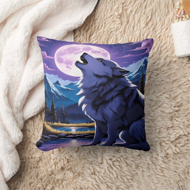 Majestic Wolf heult unter Vollmond Kissen (Decke)