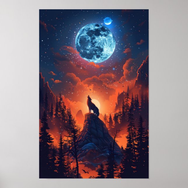 Majestic Wolf Howling auf dem Mondplakat Poster (Vorne)
