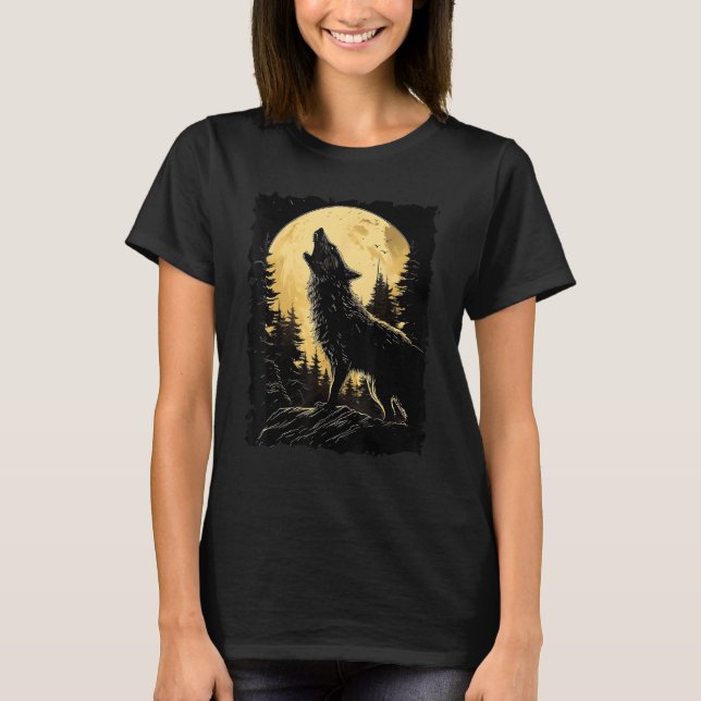 Majestic Wolf Howling Full Moon Light Night Sky Wo T-Shirt (Vorderseite)