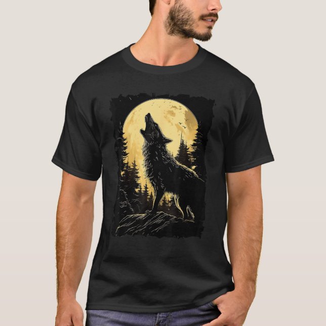 Majestic Wolf Howling Full Moon Light Night Sky Wo T-Shirt (Vorderseite)