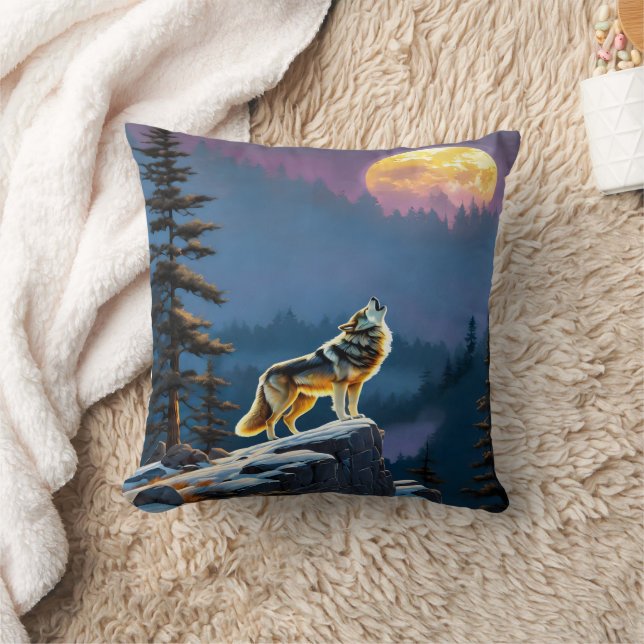 Majestic Wolf Howling unter Full Moonlit Sky Kissen (Decke)