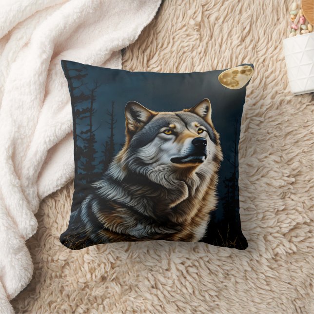 Majestic Wolf Howling unter Moonlit Sky Kissen (Decke)