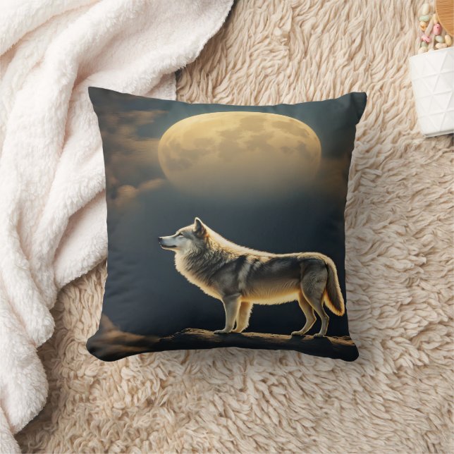 Majestic Wolf Howling unter Vollmondlicht-Himmel Kissen (Decke)