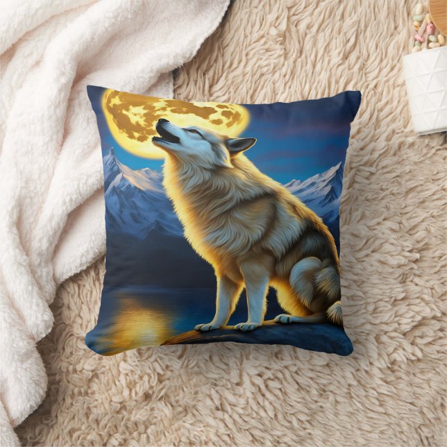 Majestic Wolf Howling unter Vollmondlicht Kissen (Decke)