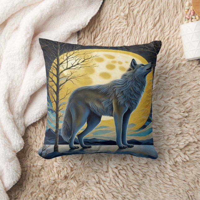 Majestic Wolf Howls unter Vollmond in der Nacht Kissen (Decke)