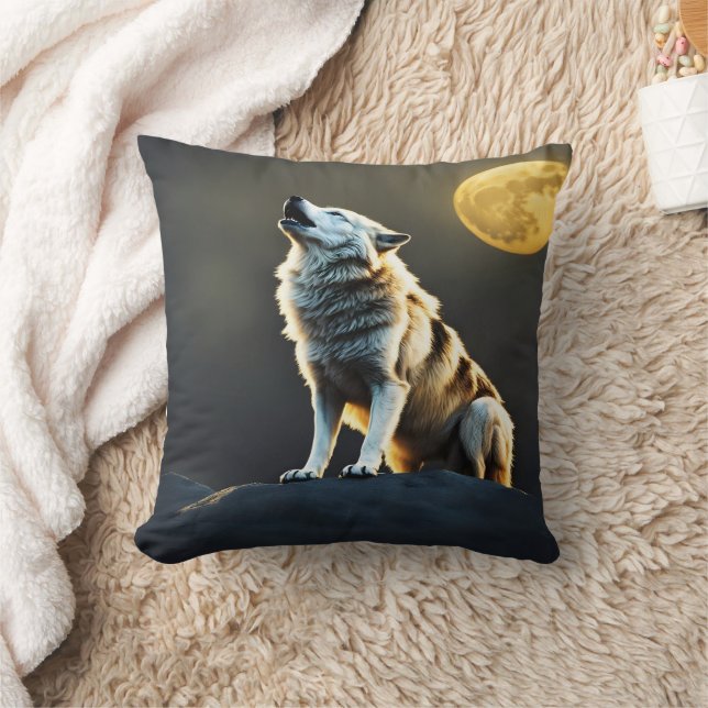 Majestic Wolf Howls unter Vollmond Kissen (Decke)