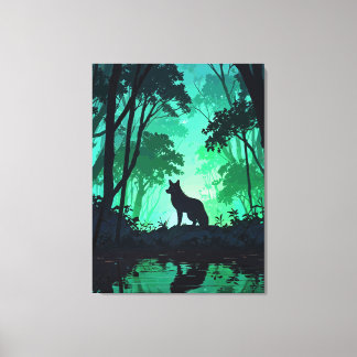 Majestic Wolf Silhouette in Mystical Green Forest Leinwanddruck