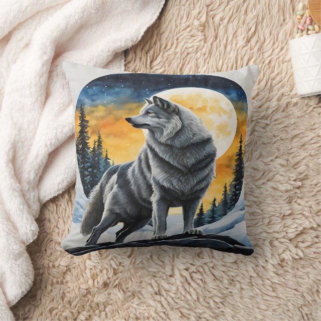 Majestic Wolf unter dem Mondlicht Himmel. Kissen (Decke)