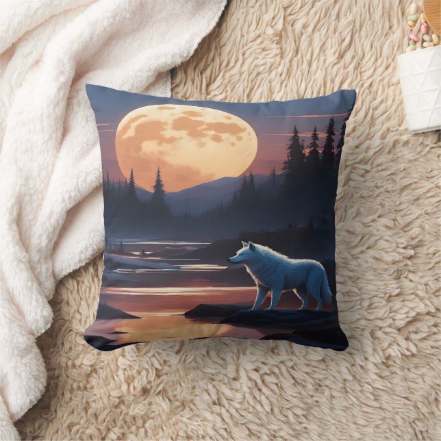 Majestic Wolf unter Vollmond Kissen (Decke)