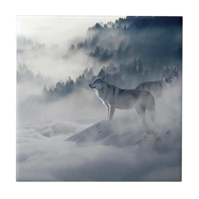 Majestic Wölfe im Waldnebel Fliese (Vorderseite)