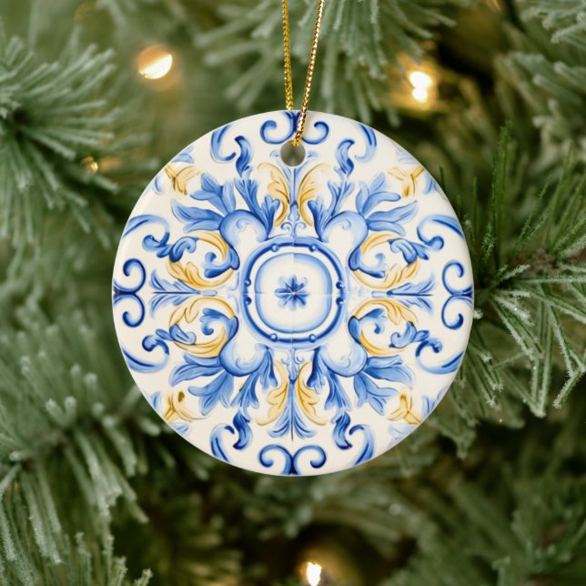 Majolica: Blau und Gold Keramik Ornament (Baum)
