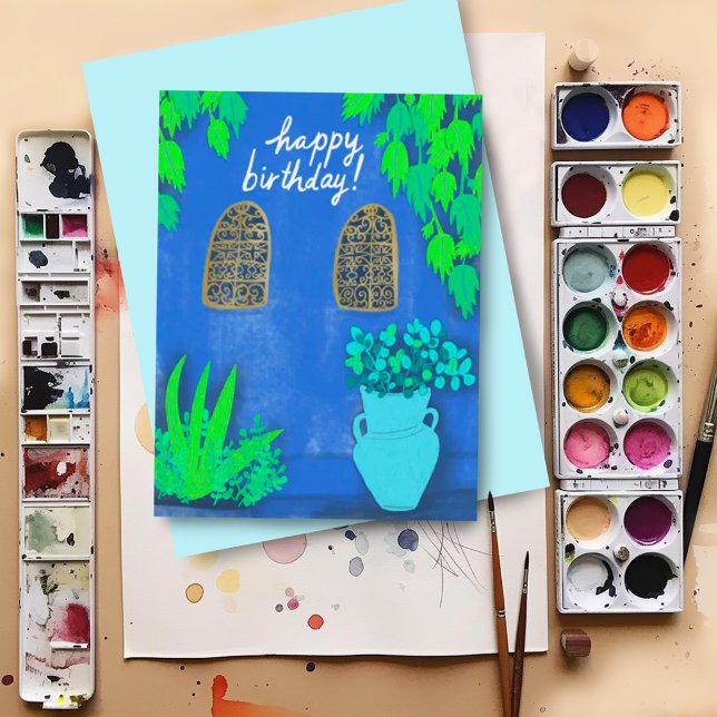 Majorelle Gardens Blue La Jardin HAPPY BIRTHDAY Postkarte (Custom happy birthday postcard with colorful artwork inspired by Majorelle Gardens)