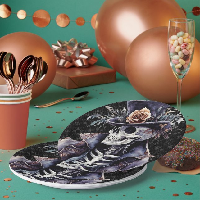 Makabre Orange & Lila Wasserfarbe Skelett Pappteller (Multi)