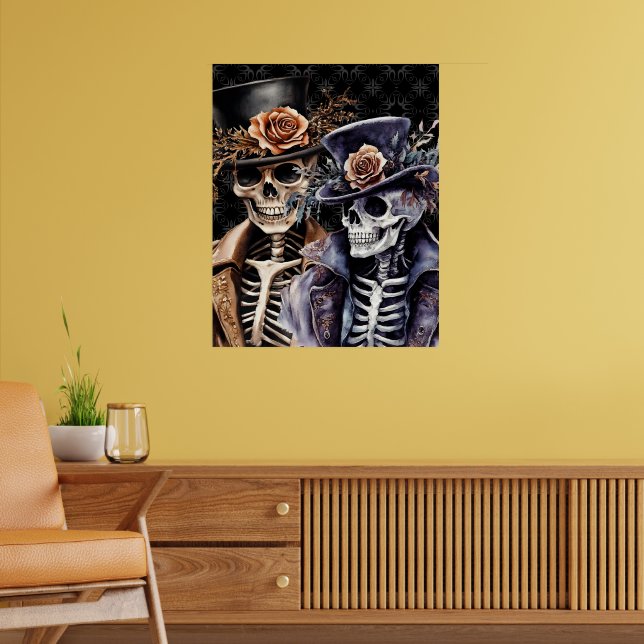 Makabre Orange & Lila Wasserfarbe Skelett Poster (Wohnzimmer 2)