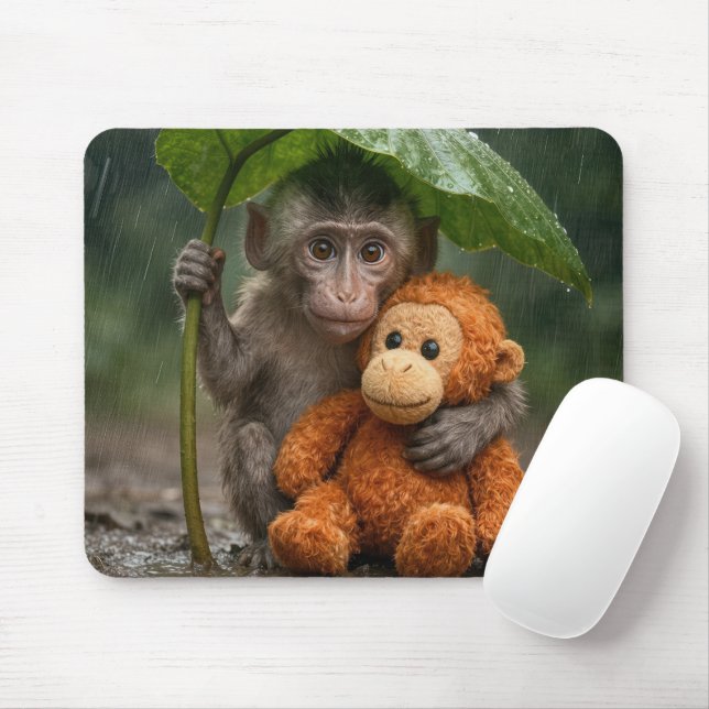 Makaken-Affe mit einem gestopften Orang-Utan Mousepad (Mit Mouse)