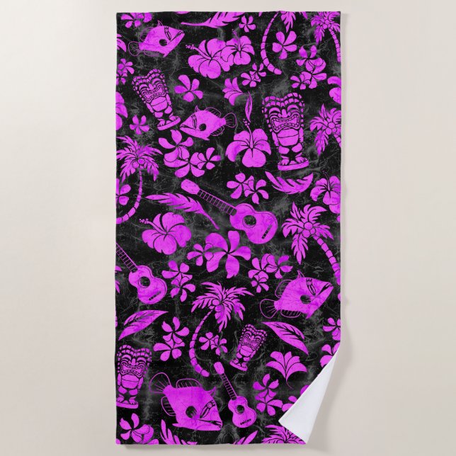 Makapuu Beach Hawaiian Batik Black and Pink Strandtuch (Vorderseite)