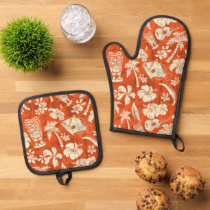 Makapuu Beach Hawaiian Batik Orange Ofenhandschuh & Topflappen-Set