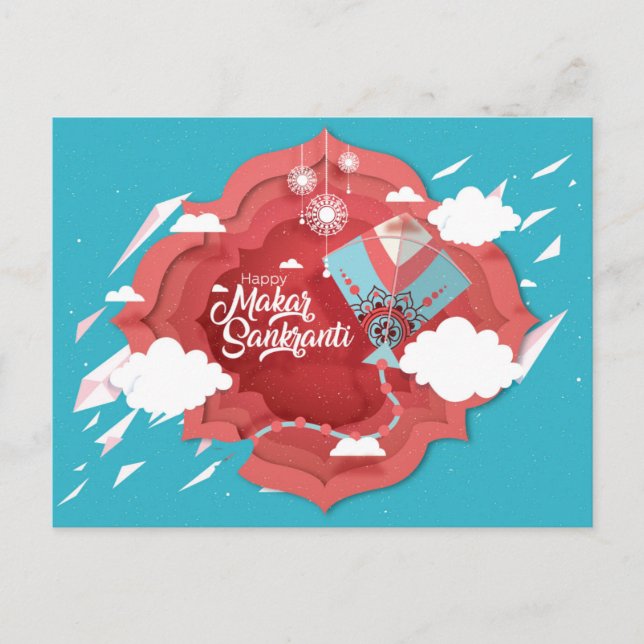Makar Sankranti, blau und rot Einladungspostkarte (Vorderseite)